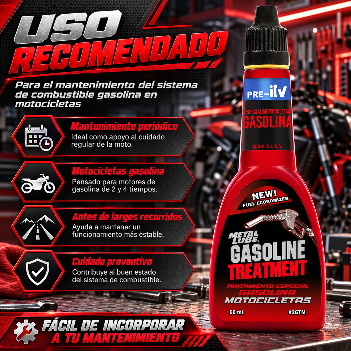 METAL LUBE SISTEMA MOTORES GASOLINA PRE ITV MOTOS 2GTM - 60ml