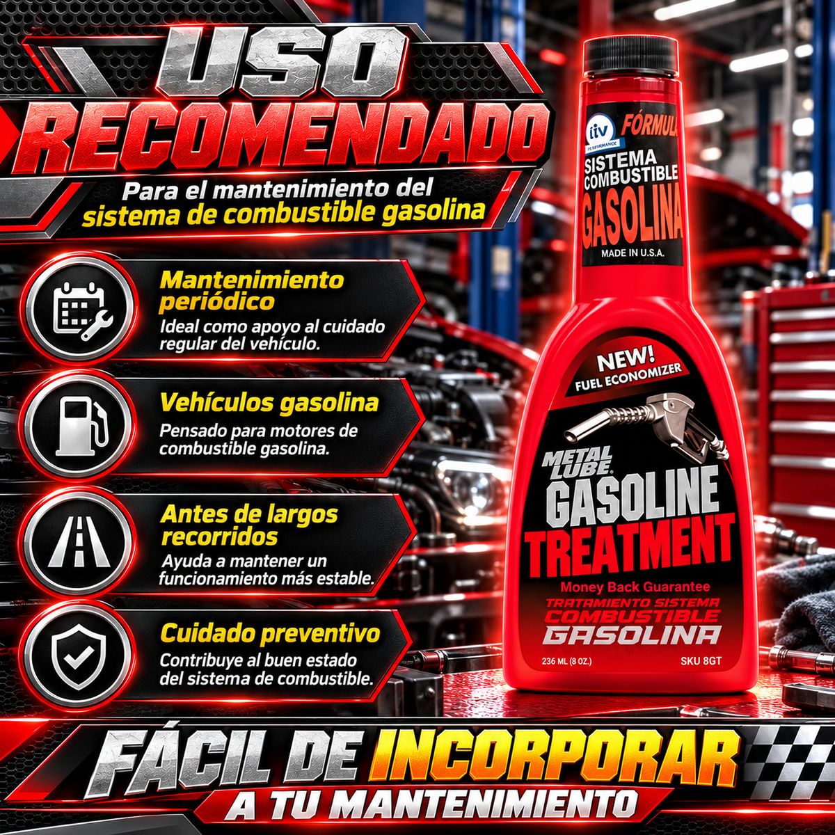 METAL LUBE SISTEMA MOTORES GASOLINA 8GT - 236ml